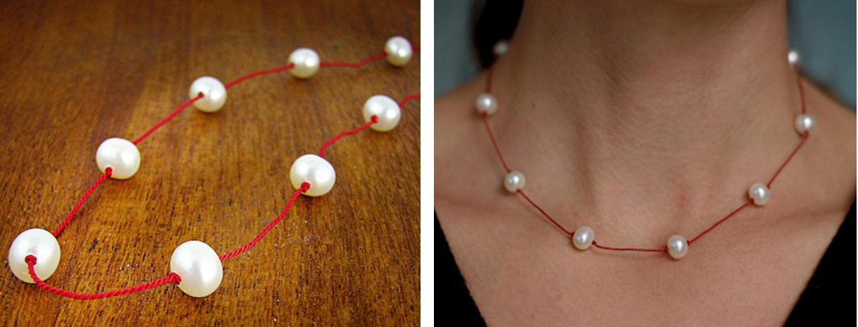 Turtle Love Co.'s Classic Floating Pearl Necklace with Red Silk