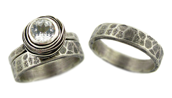 Nested White Topaz Engagement Ring Set and Hammered Silver Ring
